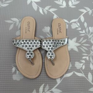 Olivia Miller Sequin Thong Sandals - Silver and Tan